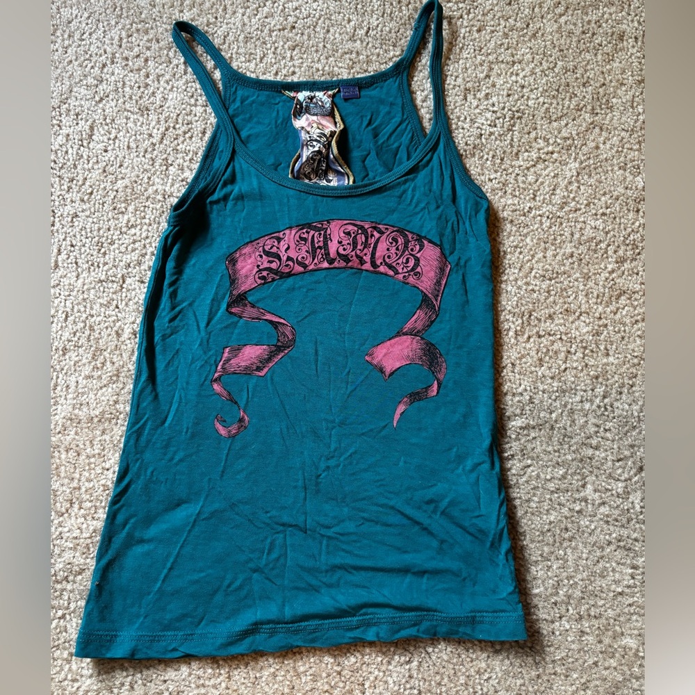 L.A.M.B. Teal Tank Top with Pink Ribbon Graphic